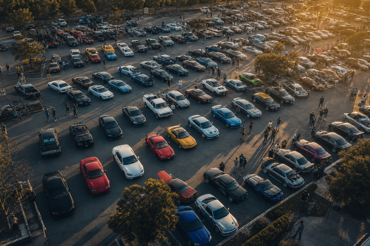 Aerial view of a diverse car meet with many vehicles parked together
