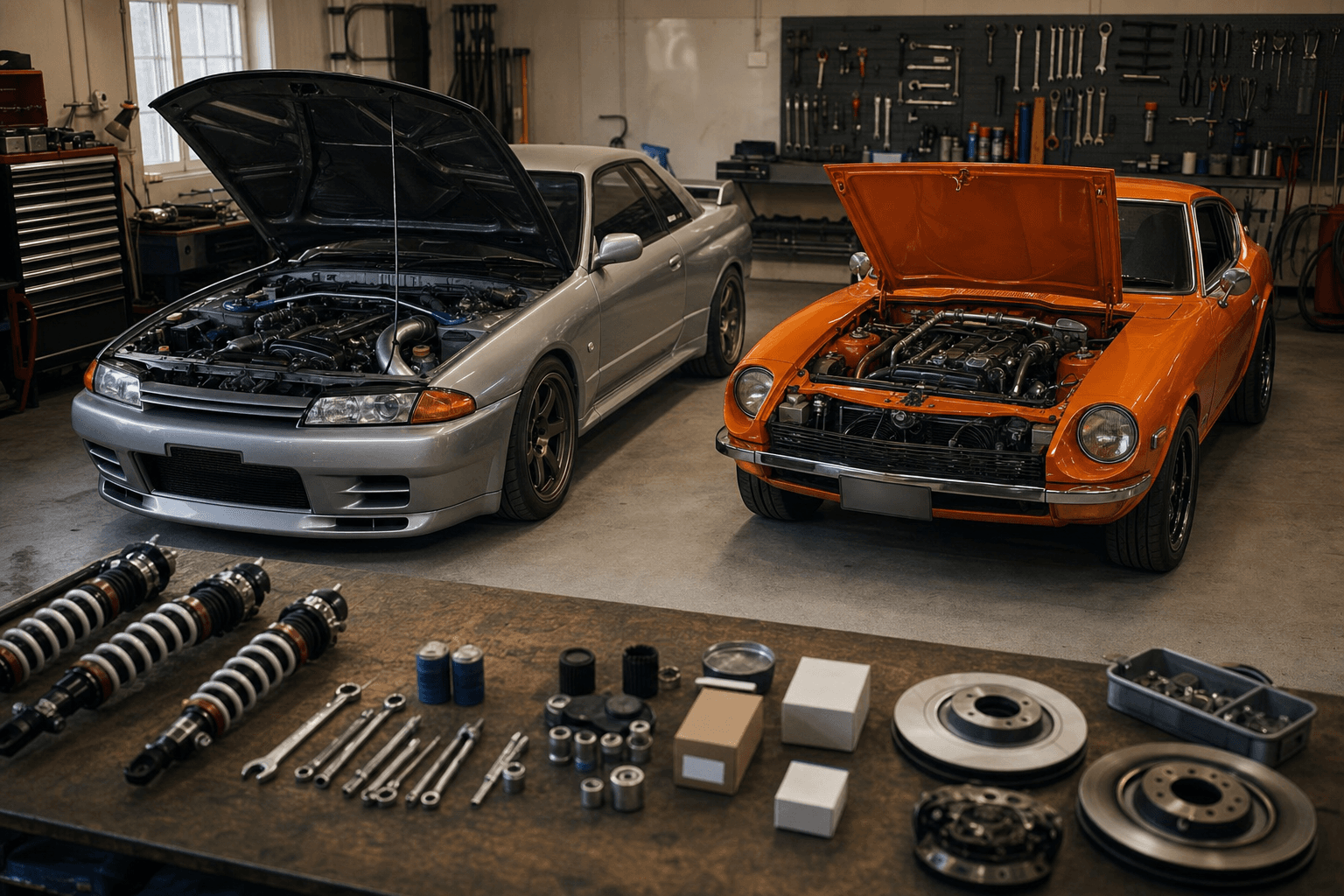 Project cars in a workshop with parts and tools for documenting a build