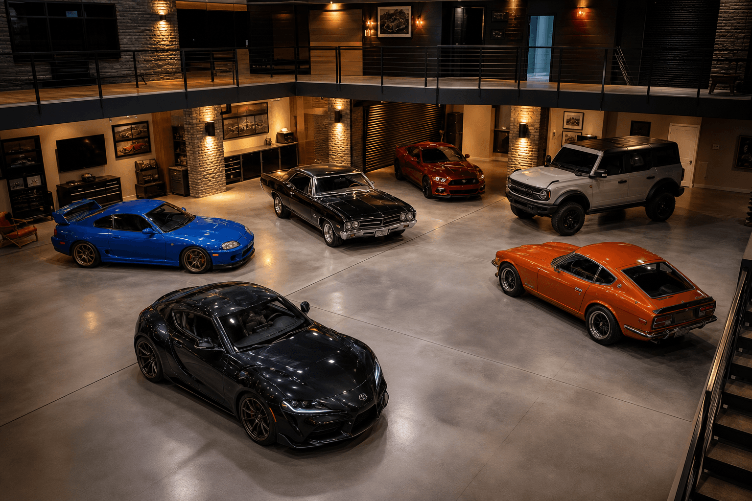 Multiple cars parked in a modern collector garage