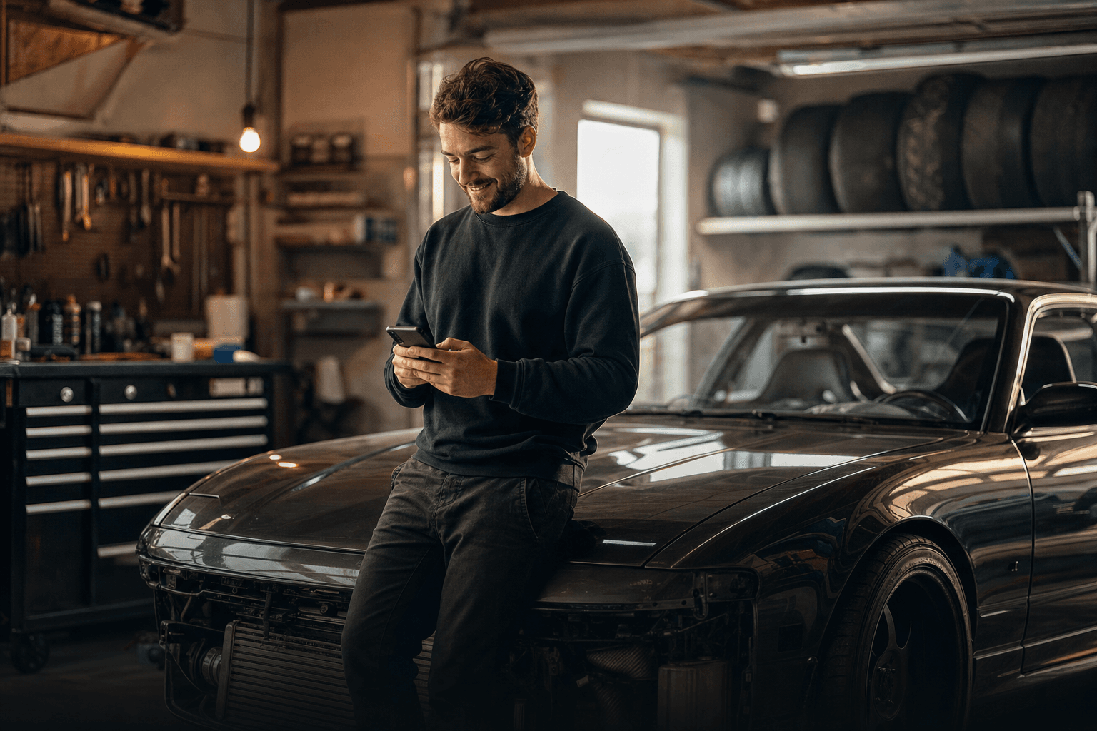 Car enthusiast in a home garage setting up their CarFlixer profile on a phone