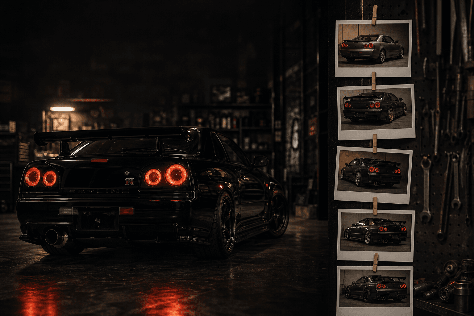 Polaroid build timeline on a pegboard beside a Nissan Skyline in a moody garage