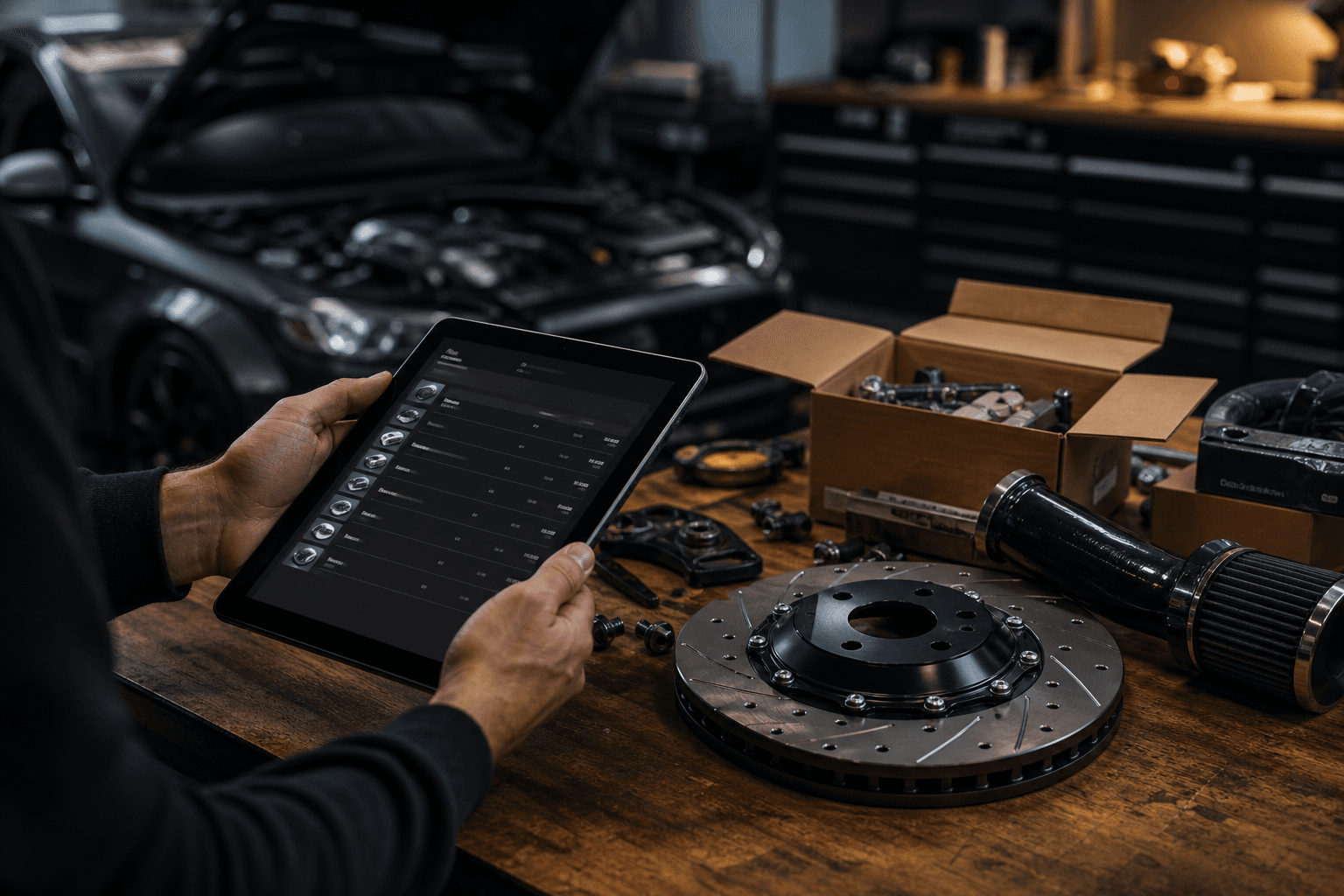 Workshop workbench with performance parts and a tablet used to log mod costs and progress