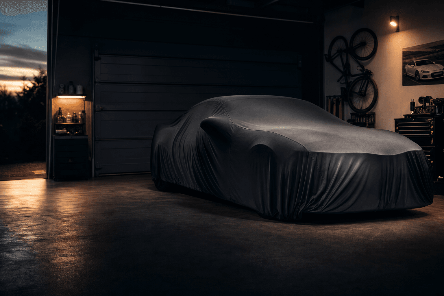 Performance car under a fitted cover in a private home garage with warm, discreet lighting
