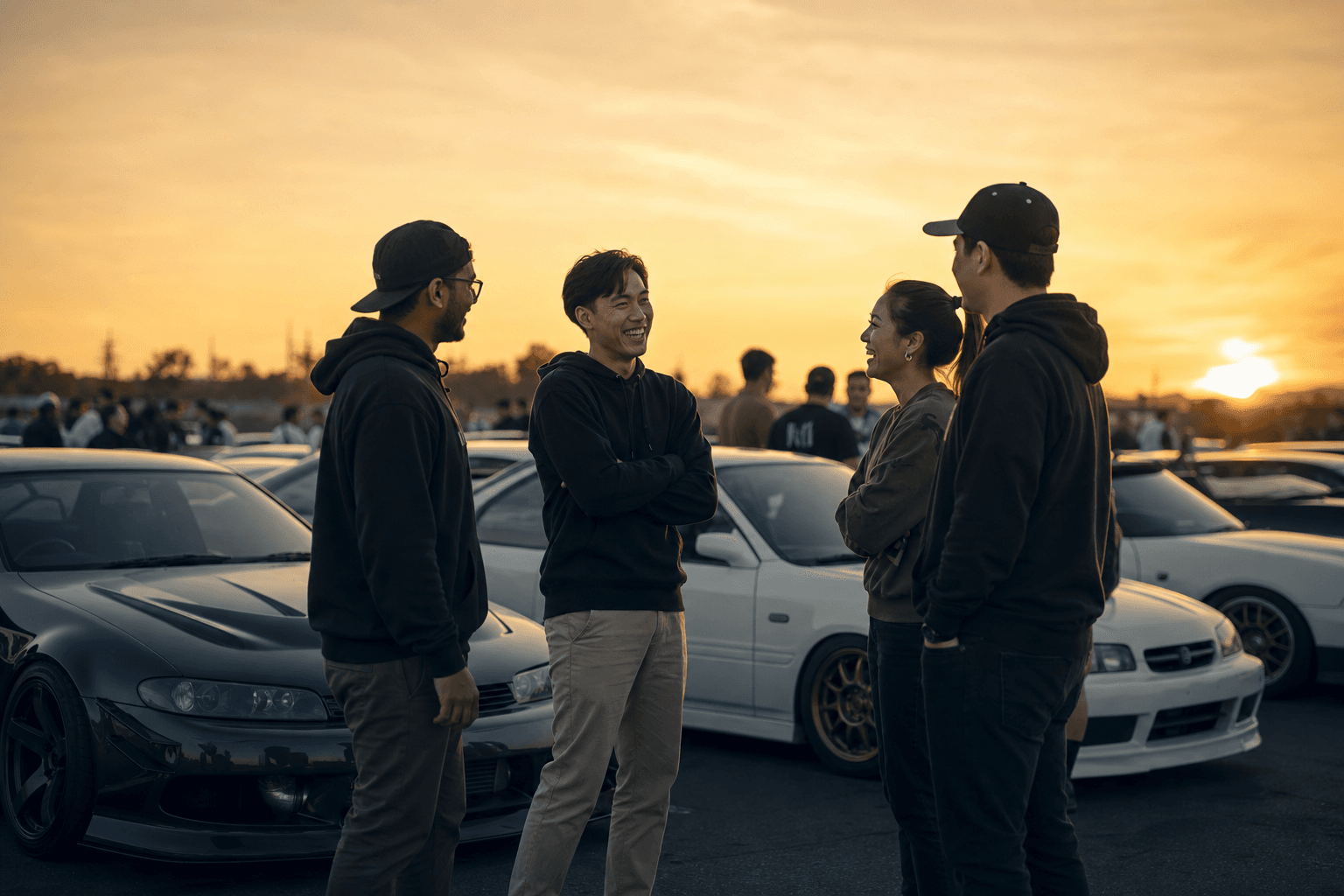 Car enthusiasts connecting at a community meet at golden hour