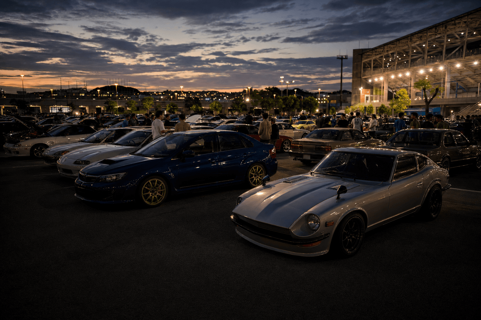 Car community gathering with modified vehicles