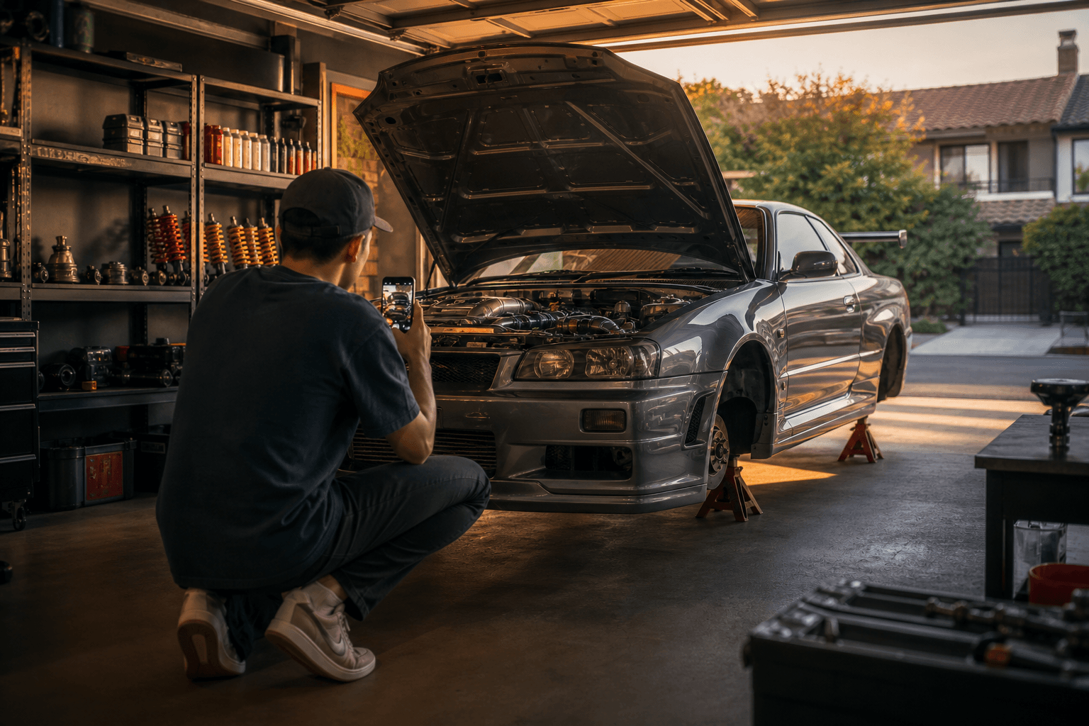 Enthusiast documenting a modified car build in a home garage